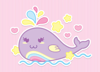 cute kawaii style colorful pastel whale character illustration vector