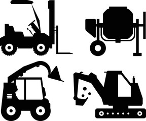 Collection Set Constructions Mixer Vehicles flat isolated vector Silhouettes