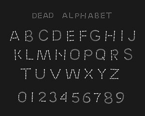 Alphabet and numbers made of silhouettes bones on a black background. Hand drawing style