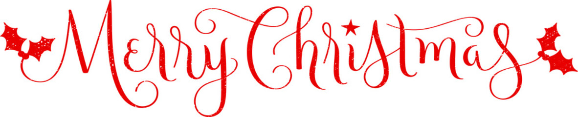 MERRY CHRISTMAS red brush calligraphy banner with holly motifs on transparent background