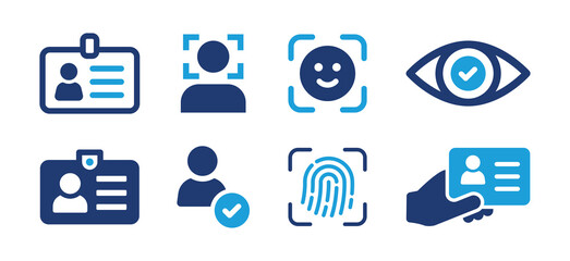 ID - identity document icon set. Containing Id card, biometric, face id and eye scan icons. Vector illustration.