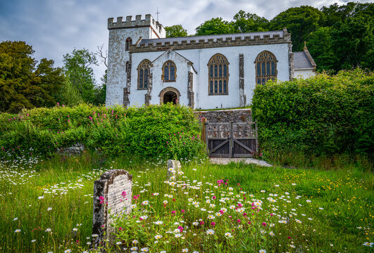 The Curch of all Saints, Selworthy,  on a summers day from the graveyard opposite with wild flowers