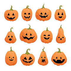 Halloween pumpkin set in cartoon style isolated on white background. Funny vector illustration for graphic design.