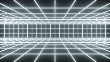 Neon retro room with neon lines, futuristic tech background - 3D rendering