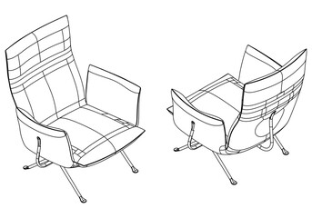 Isometric outline armchairs set. Simple Outline Drawing, Isolated Vector