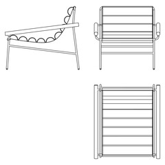 Armchair isolated lines on white background, vector illustration. Front, side, top view. Set of different views of modern armchair.