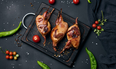 Frying carcasses of quails lie on a wooden board with vegetables