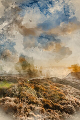 Digital watercolour painting of Majestic Autumn sunset landscape image from Holme Fell looking towards Coniston Water in Lake District