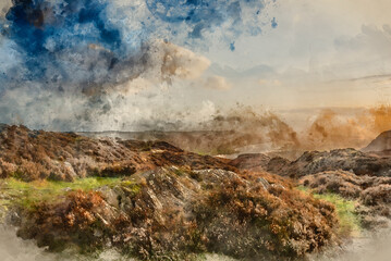 Digital watercolour painting of Majestic Autumn sunset landscape image from Holme Fell looking towards Coniston Water in Lake District
