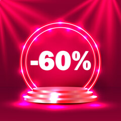 Stage podium percent. Stage Podium with share discount percentage 60. Vector illustration