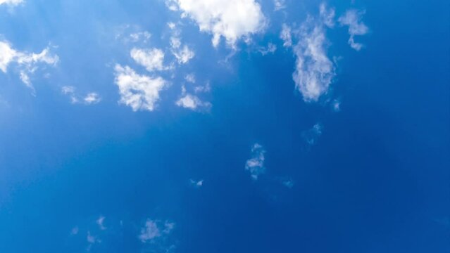 Light thin clouds disappearing in the deep azure sky. Amazing view of skies from below on sunny day. Timelapse.