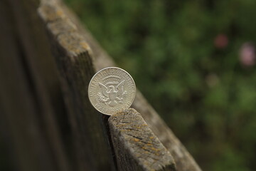 Coin half dollar in the wood