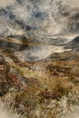 Fototapeta na wymiar Digital watercolour painting of Epic early Autumn Fall landscape of view along Ogwen Valley in Snowdonia National Park under dramatic evening sky with copy space