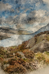 Digital watercolour painting of Epic early Autumn Fall landscape of view along Ogwen Valley in Snowdonia National Park under dramatic evening sky with copy space