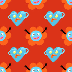 Seamless red vector halloween or valentine pattern with monster blue hearts and flowers on red love repeat background for parties textile and gift or wrapping paper 