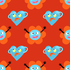 Seamless red vector halloween or valentine pattern with monster blue hearts and flowers on red love repeat background for parties textile and gift or wrapping paper 