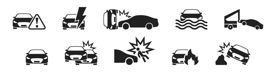 Car accident icon set. Vector isolated illustration. Car crash icons. - obrazy, fototapety, plakaty