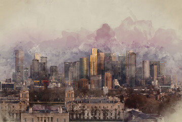 Digital watercolour painting of LONDON, JANUARY 30, 2022 - Epic sunrise view of Canary Wharf in London at sunrise with beautful soft light and all landmark building visible