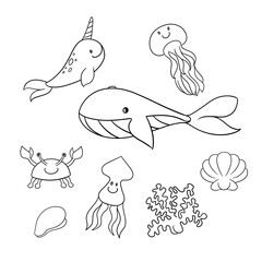 Monochrome set of icons, cute sea characters, big whale, squid and narwhal, jellyfish and crab, vector cartoon © Nat