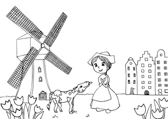 Dutch girl with tulips, cow and windmill