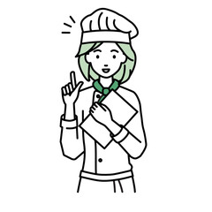 立って書類を手に持って何かひらめいた調理師の女性