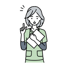 立って書類を手に持って何かひらめいた看護師の女性