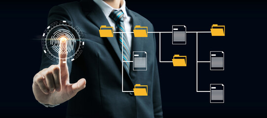 business man hand touching virtual screen fingerprint with virtual graphic icon diagram, document management system, internet network security, investment, digital and business technology concept