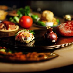 A close up of a turkish food plate on a desk