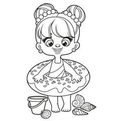Cute cartoon girl in a swimsuit and with an inflatable ring for swimming coloring page on white background