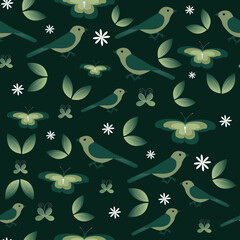 Seamless vector pattern with birds and butterfly on green background