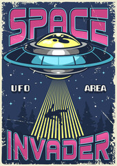 UFO kidnapping vintage poster colorful