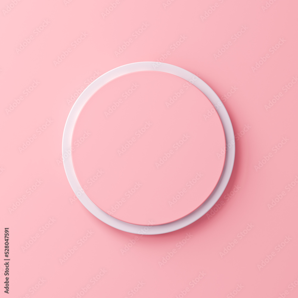 Poster Blank pink pastel color round sign or push button isolated on light pink background with shadow minimal conceptual 3D rendering