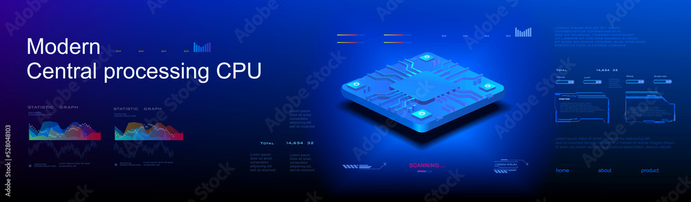 Poster futuristic central processing unit for computer on modern cyber background with hud elements. comput