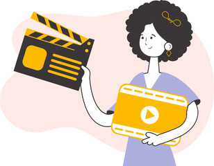 Girl blogger. The concept of social networking. Line art style. Isolated on white background. Vector.