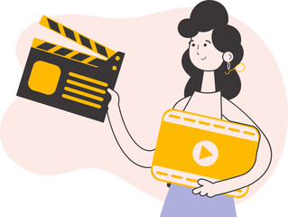 Girl blogger. The concept of social networking. Line art trendy style. Isolated. Vector illustration.