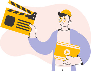 Blogger guy. Video blogging and podcast concept. Line art style. Vector illustration.