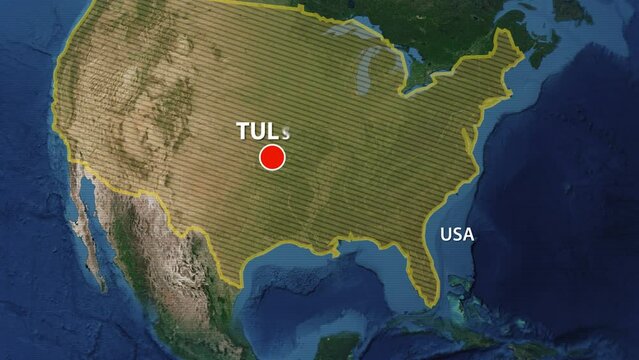 Designation of the borders the United States of America on the map and the mark of the location of the city of Tulsa