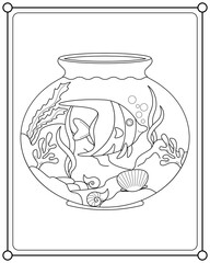 Cute fish in aquarium tank suitable for children's coloring page vector illustration