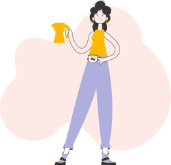 The girl serves coffee. Line art style. Vector.