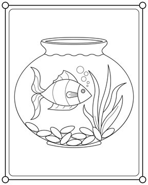 Cute Fish In Aquarium Tank Suitable For Children's Coloring Page Vector Illustration