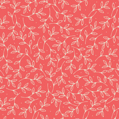 Vector floral pattern in pink. Doodle pattern with plants. Botanic and abstract seamless pattern with flowers and leaves, hand drawn background.