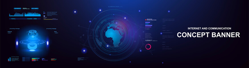Innovation cyber banner with HUD elements. Internet technologies and communications on futuristic background. Holographic portal with planet earth. 5G internet data exchange process