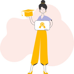 Student girl holding a diploma. Line art trendy style. Vector.