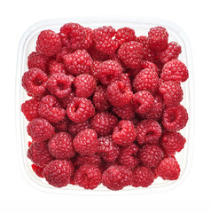 Plastic container with raspberry. Top view of raw fruits isolated on white background. Preparing vegetables for freezing. Storage for winter storage in trays