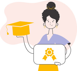 The girl is a university graduate holding a diploma. Line art style. Vector illustration.