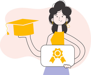 The girl is a university graduate holding a diploma. Line art trendy style. Vector illustration.