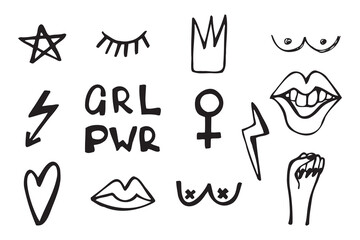 A set of elements and text of feminism. Feminist black elements on a white background.