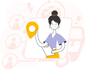 Girl Courier holding tablet and geolocation tag. Line art trendy style. Vector.