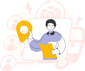 Male Courier holding tablet and geolocation tag. Line art trendy style. Vector illustration.