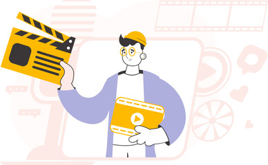 Trendy style line art. Male blogger. The concept of social networking. Vector illustration.